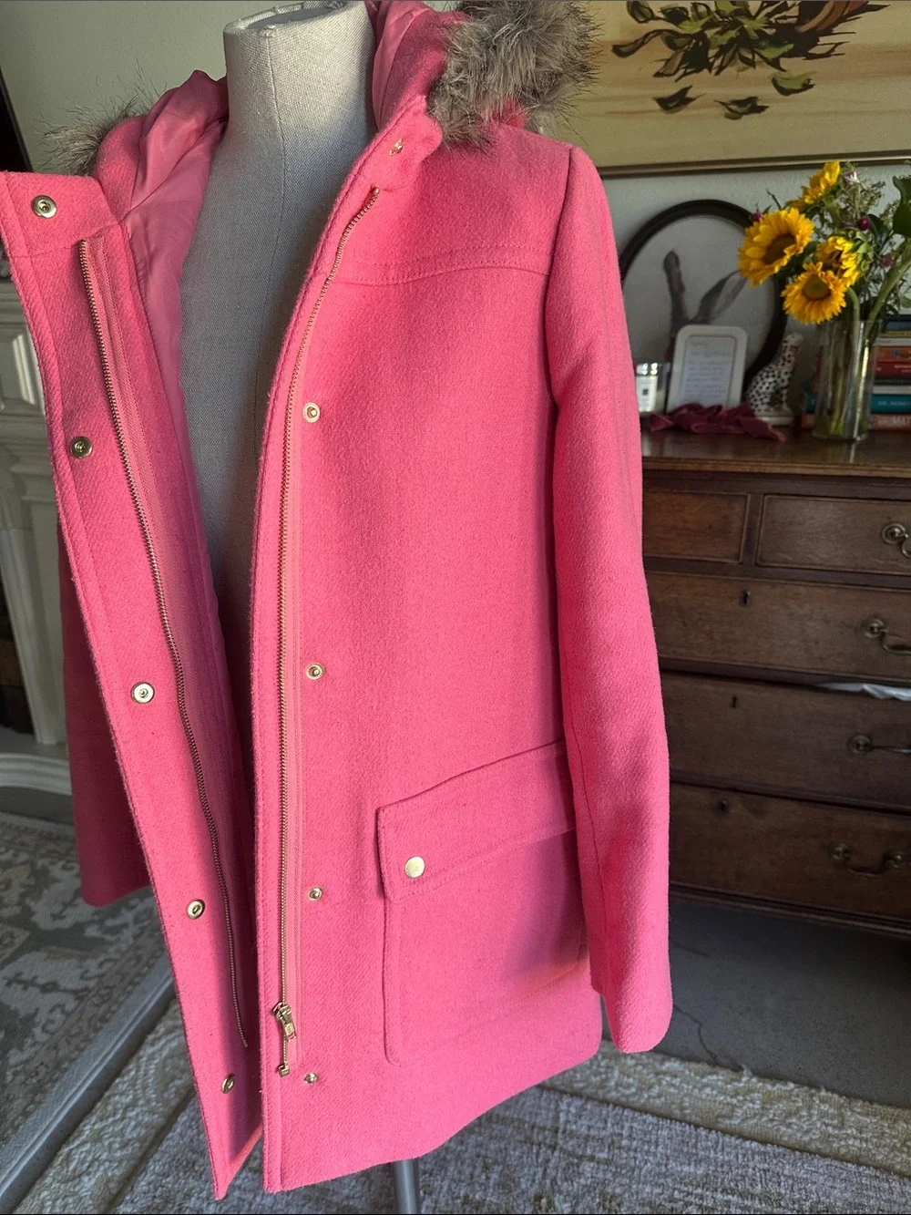 J. Crew Pink Hooded Wool-Blend Trench Coat with Faux Fur Trim